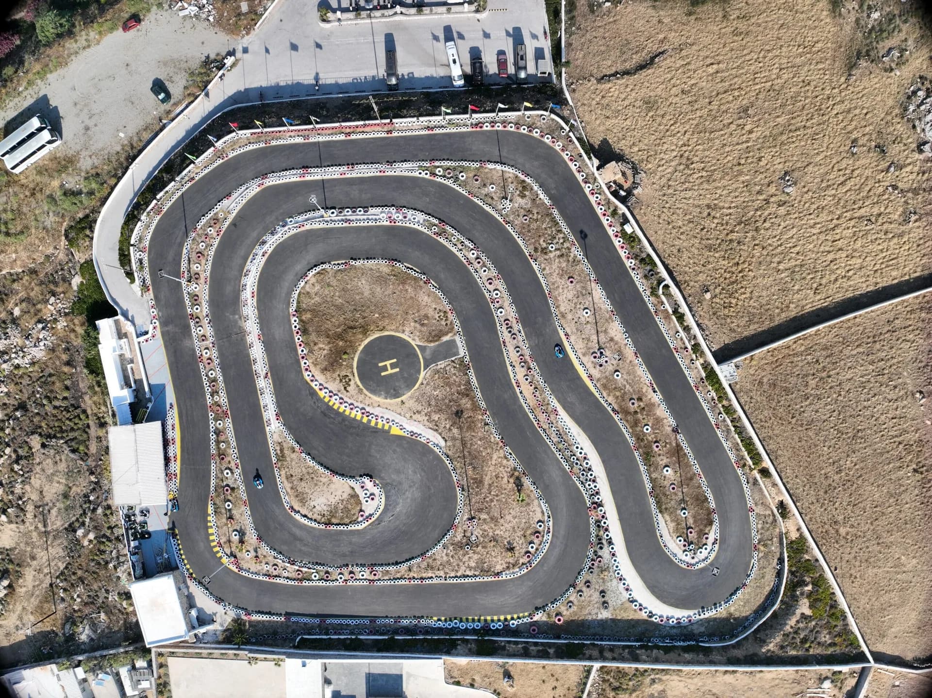 Aerial view of the 800m Raceland circuit at Ano Mera, Mykonos